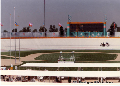 Pace motorcycle leading cyclist at Velodrome