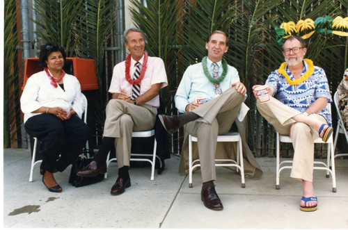 Four attendees at President Brownell's retirement luau