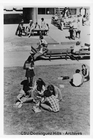 Students lounging in Watt Campus courtyard