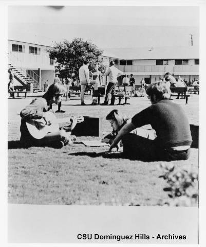 Students lounging in Watt Campus courtyard