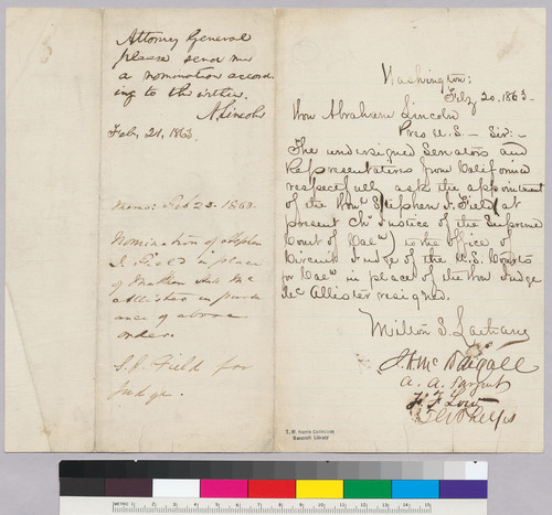 Milton Latham to Abraham Lincoln regarding endorsement of Stephen Feld