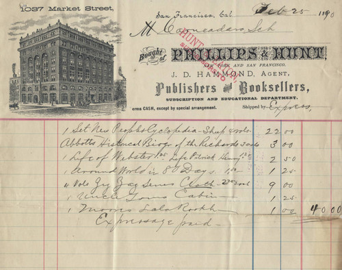 Receipt 1890, Books purchased for Carnadero School