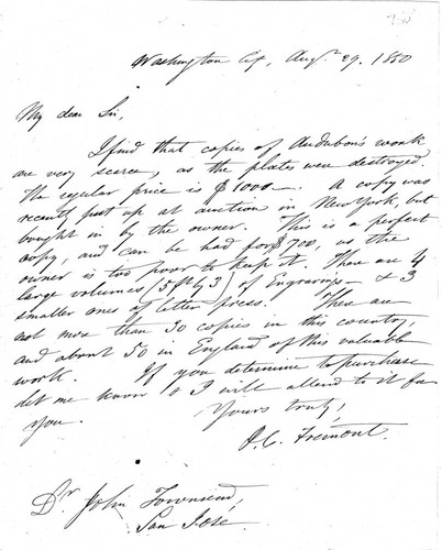 Correspondence 1850, Letter from John C. Fremont regarding Audubon Folio