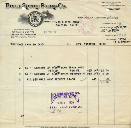 Invoice 1920, Bean Spray Pump Company