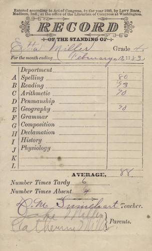 Report card 1883, Etta Miller, Fourth Grade