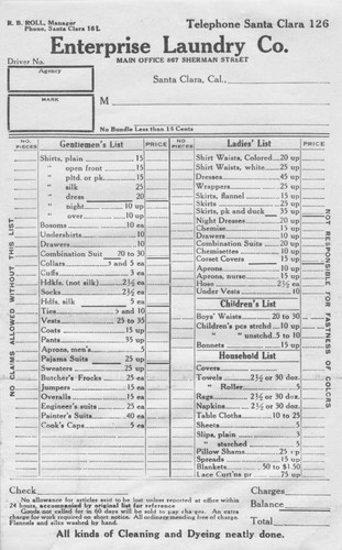 Price list 1910, Enterprise Laundry