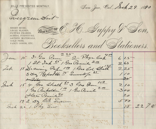 Receipt 1890, E. H. Guppy and Son, School supplies