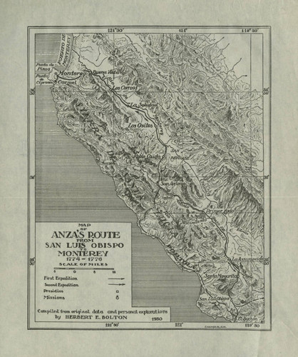 1774 Map of de Anza's Route from San Luis Obispo to Monterey