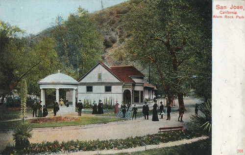 Postcard of the mineral springs fountain and bath house at Alum Rock Park