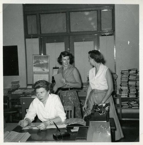 1956, Old Post Office building, Three library staff at work