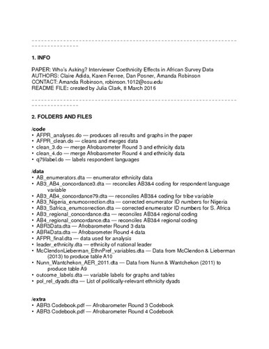 Data from: Who’s Asking? Interviewer Coethnicity Effects in African Survey Data