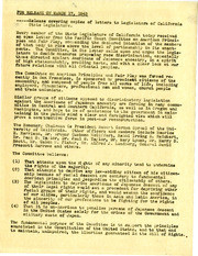 1943 Release Covering Copies of Letters to Legislators of California State Legislature from Pacific Coast Committee on American Principles and Fair Play