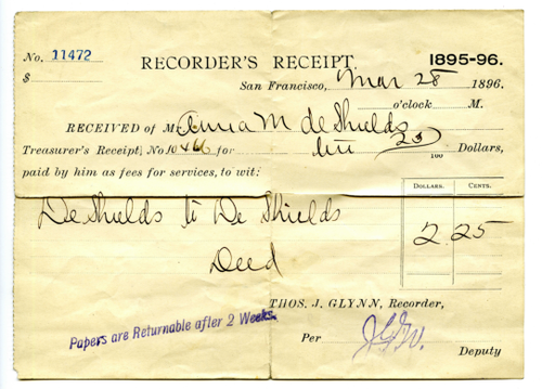 Recorders receipt, Anna M. De Shields