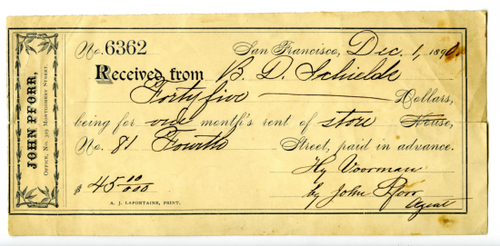 Rent receipt paid by B.D. De Shields to John Pforr