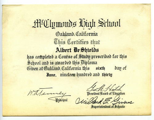 Albert De Shields McClymonds High School diploma