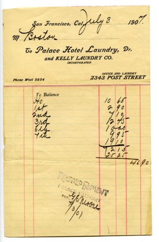 Palace Hotel Laundry receipt