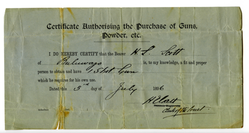 Certificate authorizing H. L. Scott the purchase of guns, powder, etc