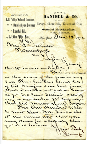 Letter from Daniell & Co. to Benjamin De Shields re: sassafras oil