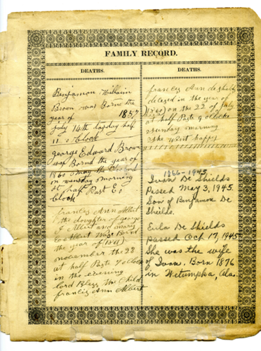 De Shields family birth and death registry