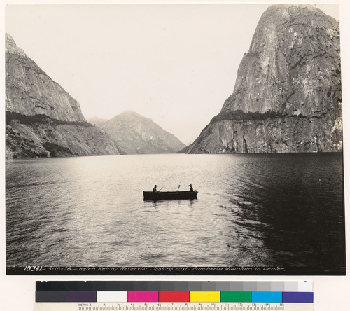 Boat in the Hetch Hetchy reservoir, view looking east with Rancheria Mountain in background