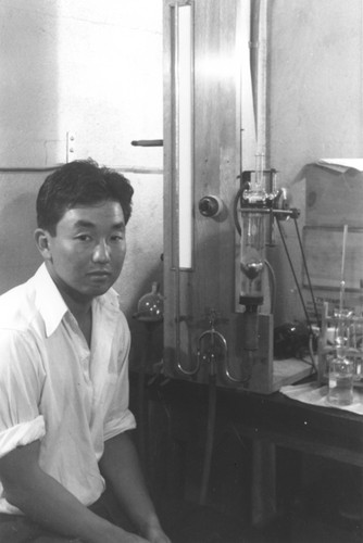 Hiomi Nakamura with Van Slyke apparatus in Ritter Hall