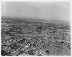 Aerial view of Coddingtown, Guerneville Road, Steele Lane, Highway 101 area, Santa Rosa, California, 1962