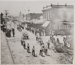 Young American Hose Company marching in a parade on Main Street, Petaluma