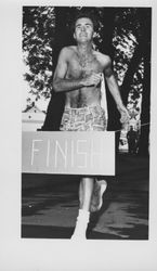 Bill Beffa crossing the finish line, Petaluma, California, about 1968