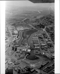 Aerial view of Petaluma from the Washington Street Bridge looking south down the Petaluma River