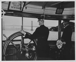 Bay Bridge as seen from the pilot house of the ferry Yerba Buena Island, San Francisco, California, about 1939