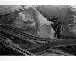 Aerial view of Highway 101 bridge across Petaluma River and Northwestern Pacific Haystack Bridge