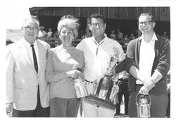 Sonoma County mayors display their trophies from a milking contest at the Old Adobe Days Fiesta, Petaluma, California, August 1967