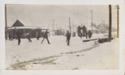 Snowball fight across from Petaluma and Santa Rosa Railroad depot