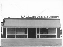 Exterior view of the Lace House Laundry, Petaluma, California, 1959