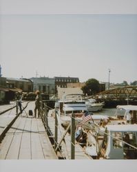 Petaluma and Santa Rosa Railroad trestle and the Balshaw Bridge at the turning basin of the Petaluma River, Petaluma, California, about 1990