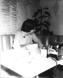 Miss Sonoma County 1961, Charlotte Townsend, and friends enjoying a banana split, Santa Rosa, California, 1961