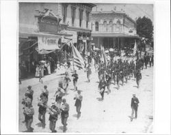 Company C soldiers marching in a Fourth of July Parade in Petaluma, California, 1898