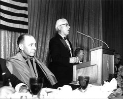 Unidentified speakers and honoree at Knights of Columbus meeting, Santa Rosa, California, September 7, 1967