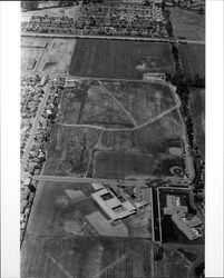 Aerial view of North McDowell Boulevard area of Petaluma, California showing Lynch Creek East Madison Street, Bernard Eldredge School, Maria Drive, Lucchesi Park, and Plaza North Shopping Center, 1973