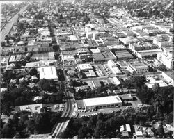 Aerial view of Santa Rosa, California, looking north from the A Street bridge, September 25, 1962