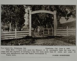 Lloyd gate at the James Sorensen farm in Petaluma, California, as shown in the Lloyd Co. catalog for 1912