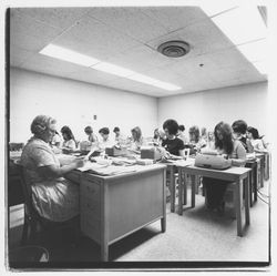 Instructor and students in a business correspondence or typing class at Luther Burbank College of Commerce, Santa Rosa, California, 1971