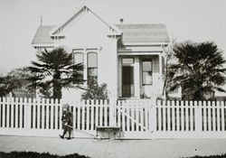 Charles E. Raymond pulling a wagon down D Street, Petaluma, California, about 1902