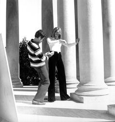 Mattei Brothers men's and women's fashions modeled outdoors at the Palace of the Legion of Honor in San Francisco, California