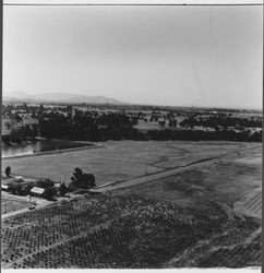 Aerial view of Windsor Avenue and a sewage treatment pond at the Windsor sewage plant, Windsor, California, 1972