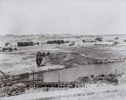 View of the Petaluma River northeast from Petaluma Boulevard South at the Haystack Landing railroad swing bridge, 1956