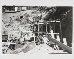 Workers and retaining wall forms on the site of reconstruction of St. Elizabeth's, Guerneville, California, 1935