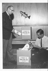 Two men packing boxes at Sunset Line and Twine, Petaluma, California, 1962