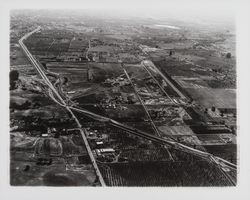 Aerial view of Redwood Highway, US Highway 101 under construction and the Santa Rosa Metropolitan Airport north of Santa Rosa, California, 1960