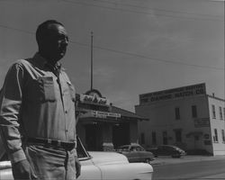 William Dresbach in front of the Diamond Match Company, Petaluma, California, about 1949